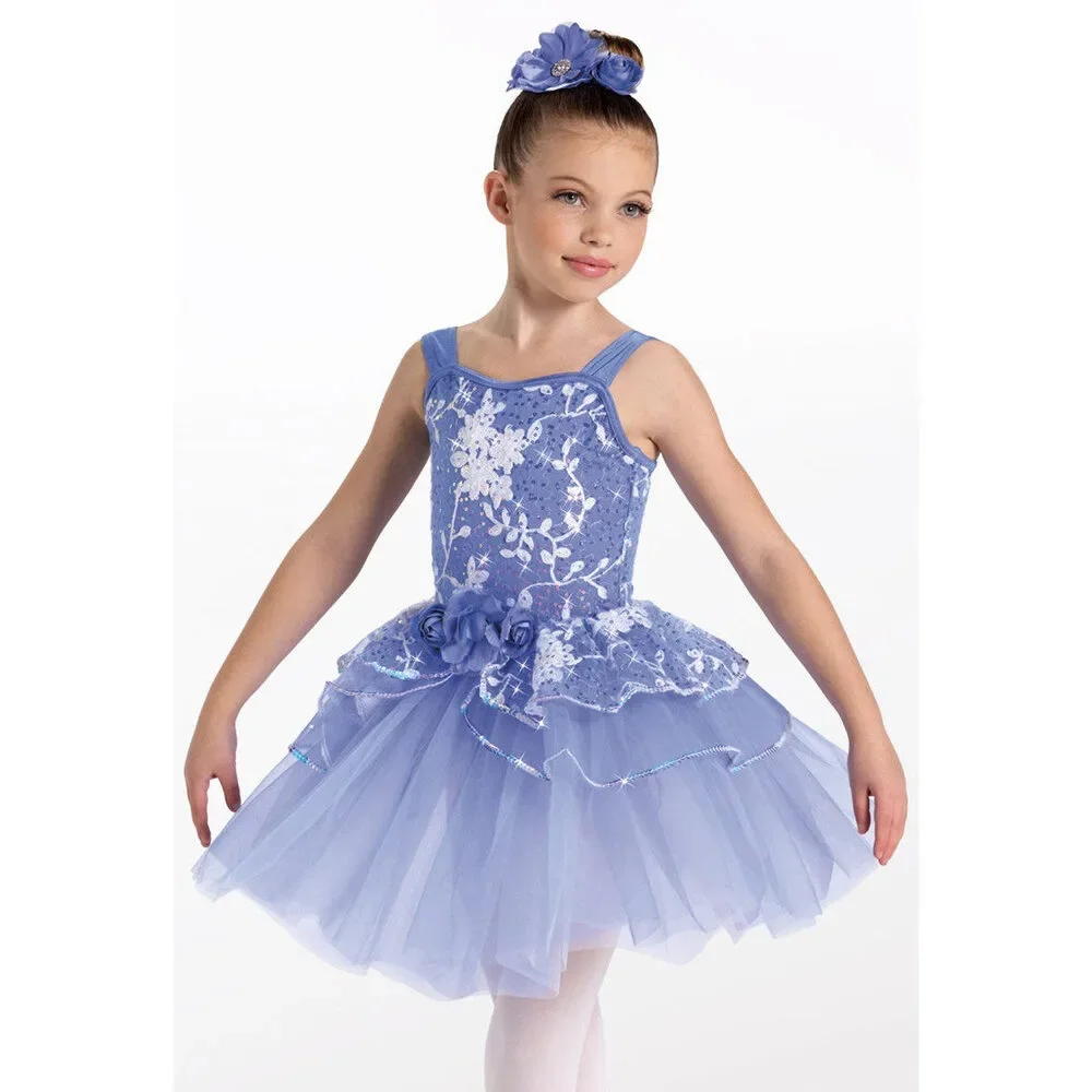 Pre-Owned Dance Costume Weissman 13690 6X-7 Child Blue Floral Tutu Ballet Sequi